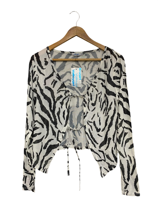 VALLEYGIRL |L| BUST 19| A68|  ZEBRA PRINT FRONT-TIE MESH TOP CARDIGAN