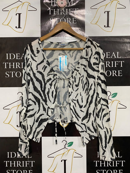 VALLEYGIRL |L| BUST 19| A68|  ZEBRA PRINT FRONT-TIE MESH TOP CARDIGAN