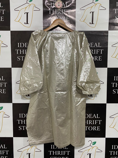 H&M |M| BUST 21| A68| SILVER METALLIC PUFF-SLEEVE V-NECK MINI DRESS
