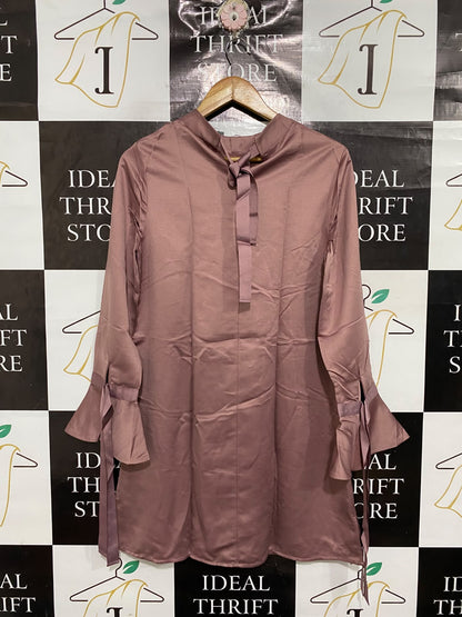 MARKS & SPENCER |L| BUST 19| A68| MAUVE SATIN TIE-SLEEVE TUNIC DRESS