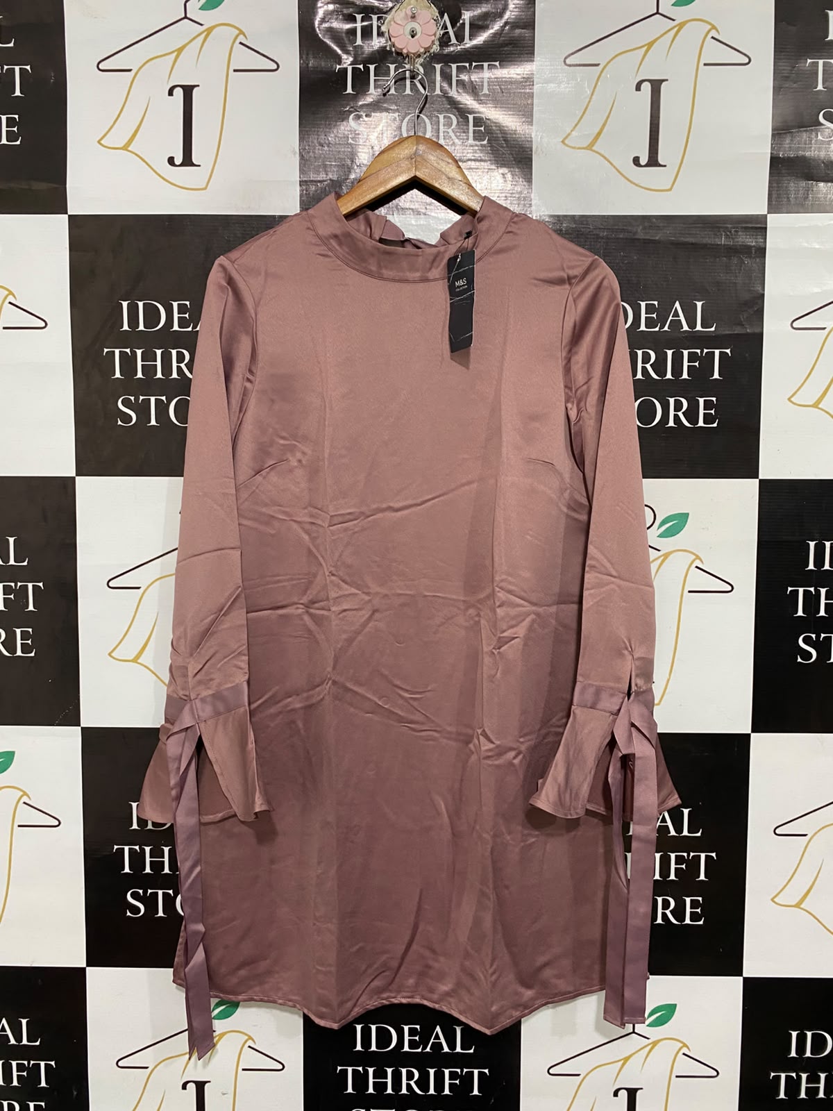 MARKS & SPENCER |L| BUST 19| A68| MAUVE SATIN TIE-SLEEVE TUNIC DRESS