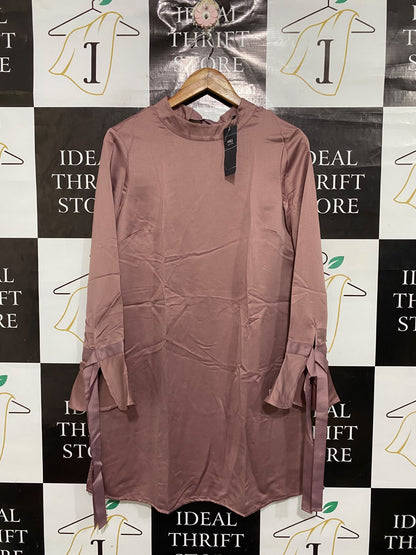 MARKS & SPENCER |L| BUST 19| A68| MAUVE SATIN TIE-SLEEVE TUNIC DRESS