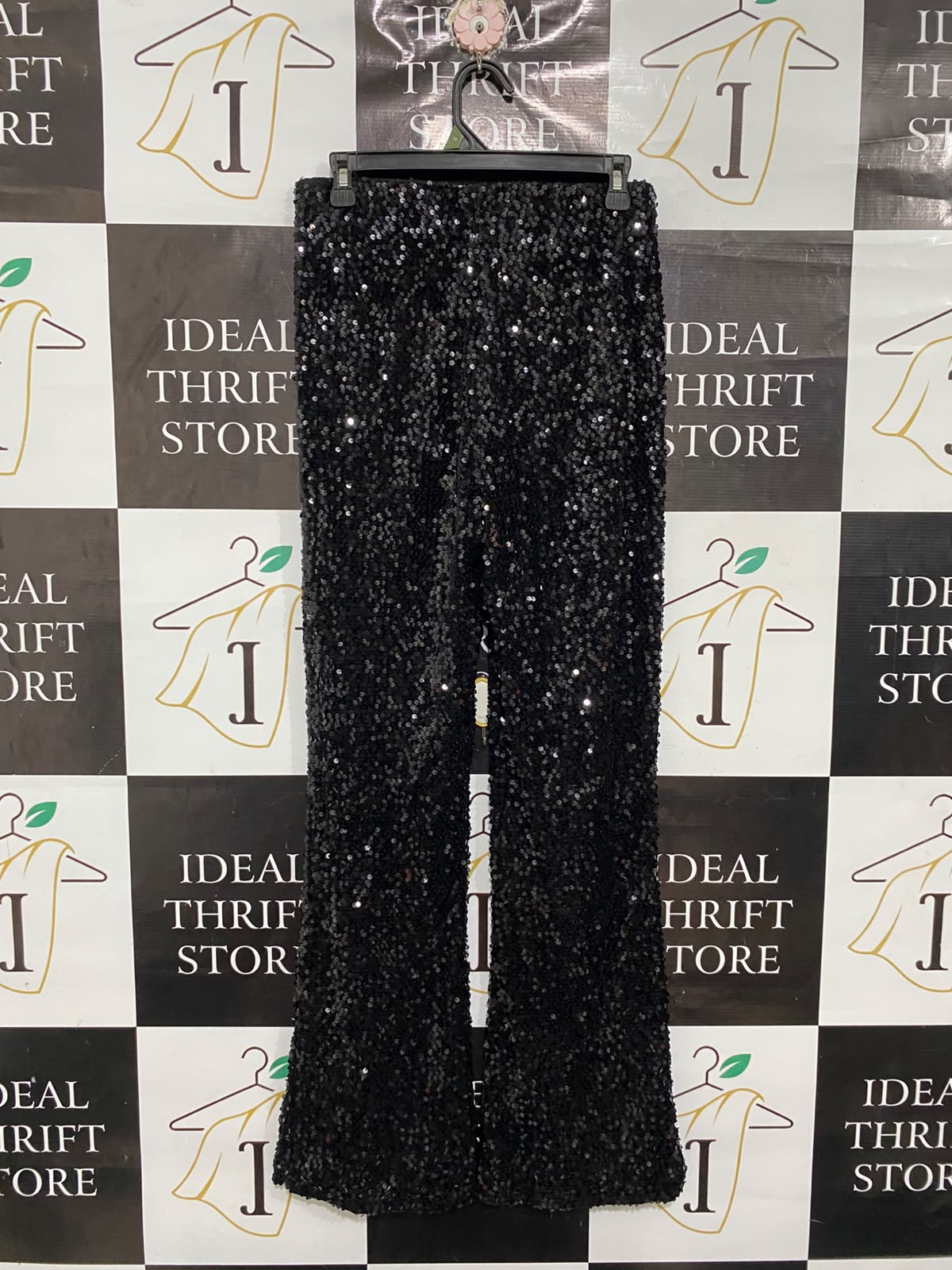 PRIMARK |M| WAIST 28| A68|  GLAMOROUS BLACK SEQUIN HIGH-WAISTED FLARED PANTS