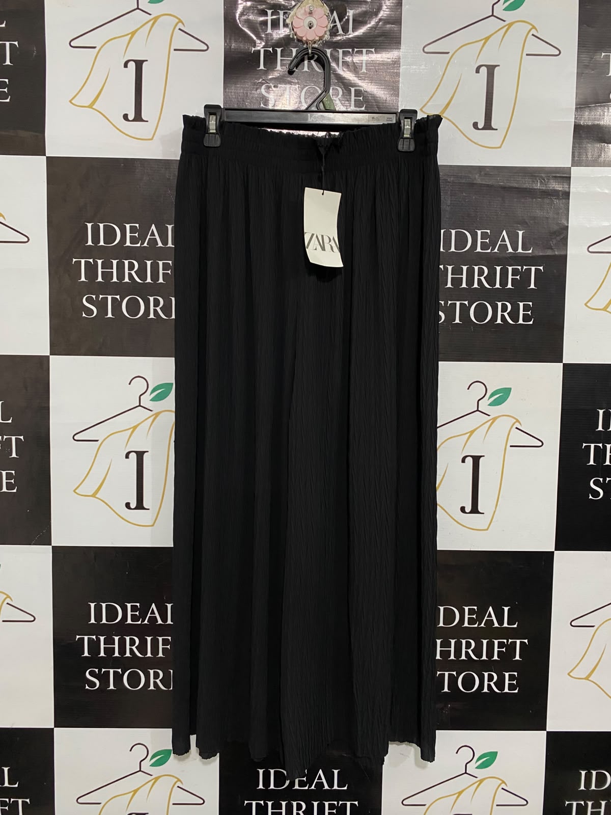 ZARA |XL| WAIST 30| A68| BLACK PLISSÉ CRINKLE WIDE-LEG PALAZZO PANTS