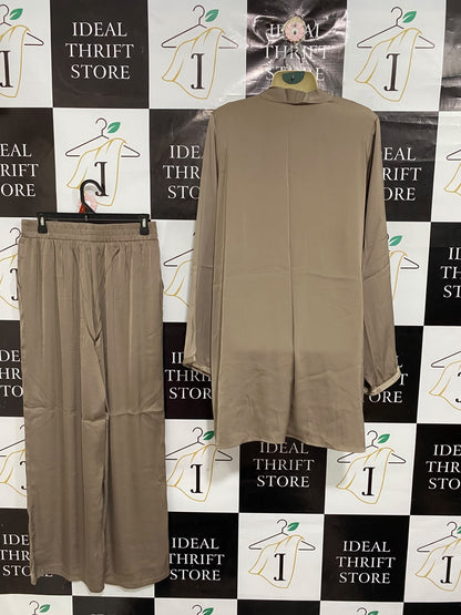 ETALE DONENT |L/XL| A68|  TAUPE 3-PIECE SATIN CO-ORD SET & KIMONO CARDIGAN