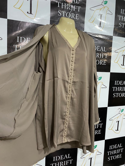 ETALE DONENT |L/XL| A68|  TAUPE 3-PIECE SATIN CO-ORD SET & KIMONO CARDIGAN