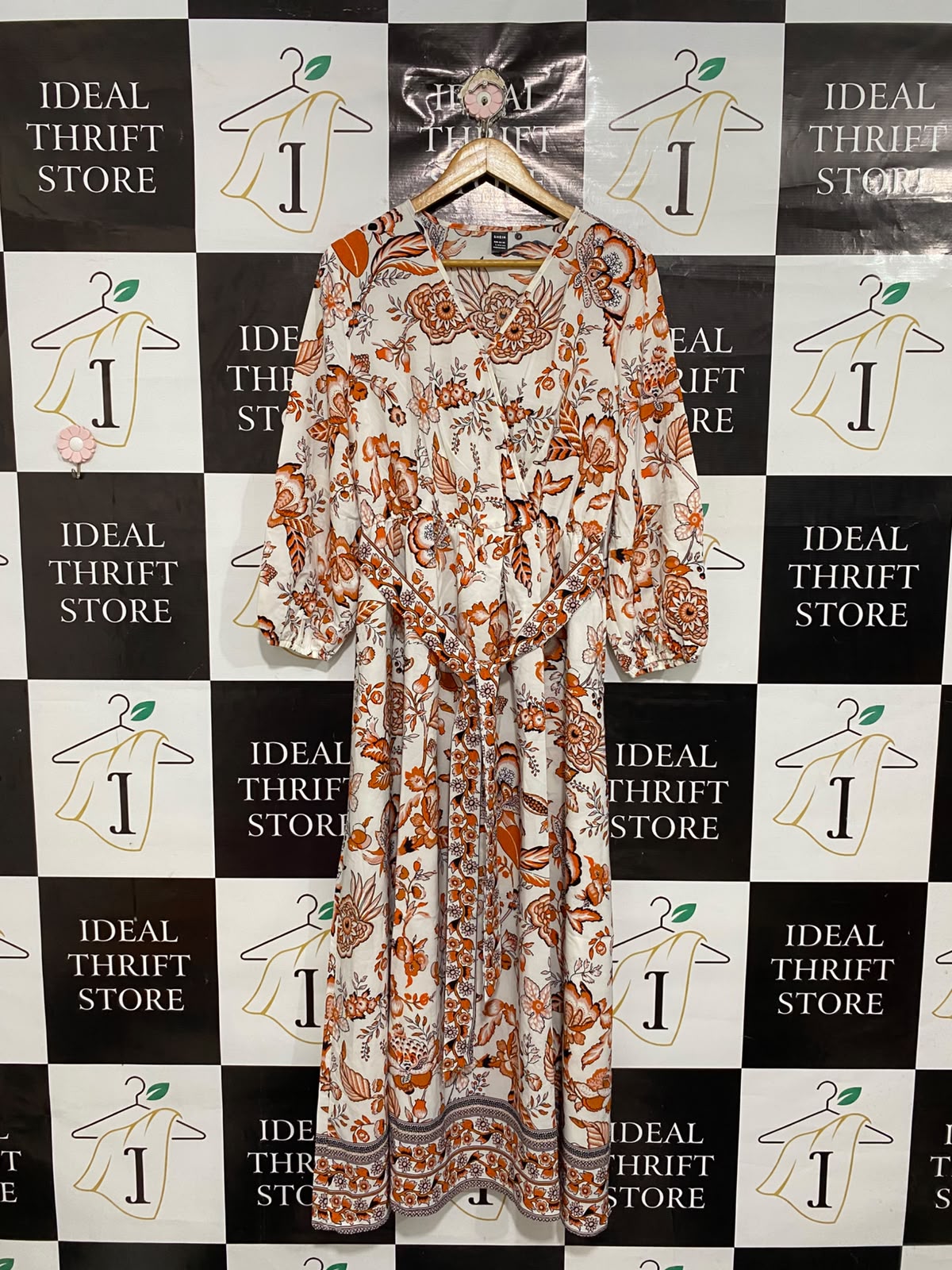 SHEIN |L| BUST 19| A68| WHITE & RUST ORANGE FLORAL WRAP MAXI DRESS