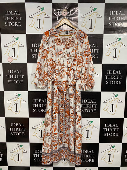 SHEIN |L| BUST 19| A68| WHITE & RUST ORANGE FLORAL WRAP MAXI DRESS