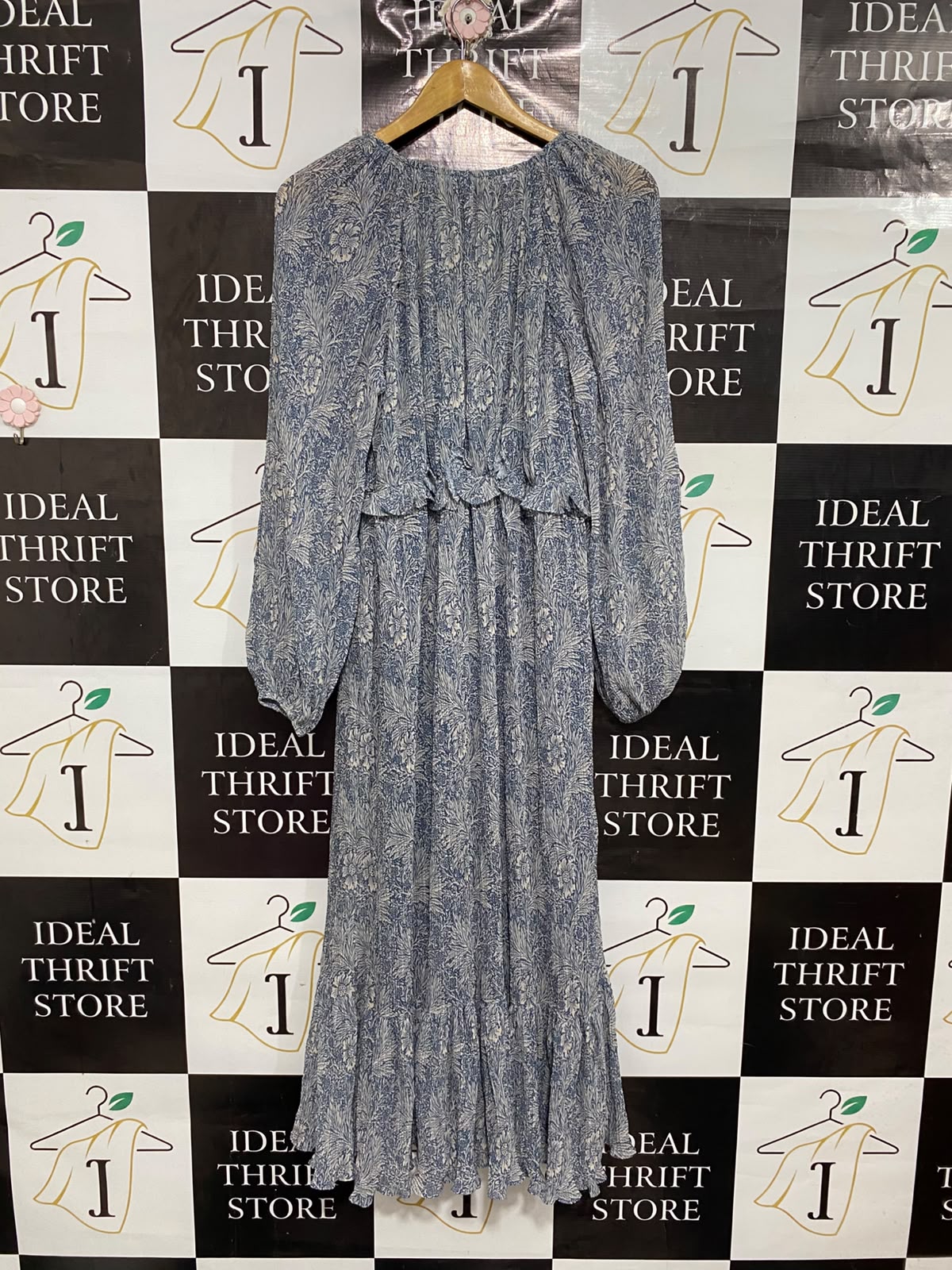 TU |M| BUST 19| A68| BLUE BOTANICAL PRINT RUFFLE-TRIM LONG-SLEEVE MIDI DRESS