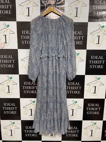 TU |M| BUST 19| A68| BLUE BOTANICAL PRINT RUFFLE-TRIM LONG-SLEEVE MIDI DRESS