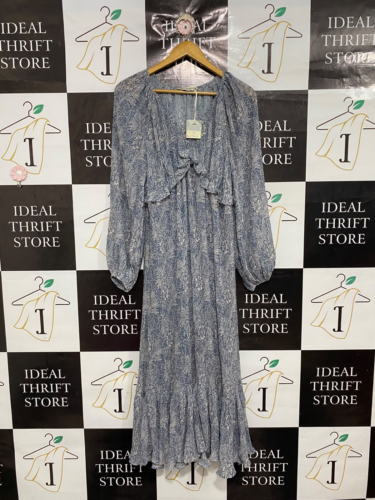 TU |M| BUST 19| A68| BLUE BOTANICAL PRINT RUFFLE-TRIM LONG-SLEEVE MIDI DRESS
