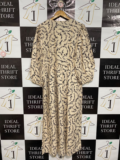 NOBODY'S CHILD |L| BUST 21| A68|  CREAM & BLACK FLORAL BUTTON-FRONT MIDI DRESS