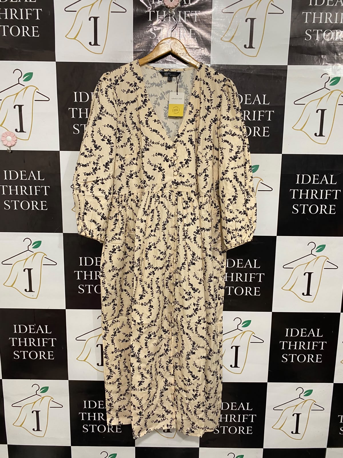 NOBODY'S CHILD |L| BUST 21| A68|  CREAM & BLACK FLORAL BUTTON-FRONT MIDI DRESS