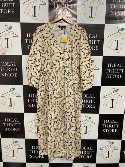 NOBODY'S CHILD |L| BUST 21| A68|  CREAM & BLACK FLORAL BUTTON-FRONT MIDI DRESS