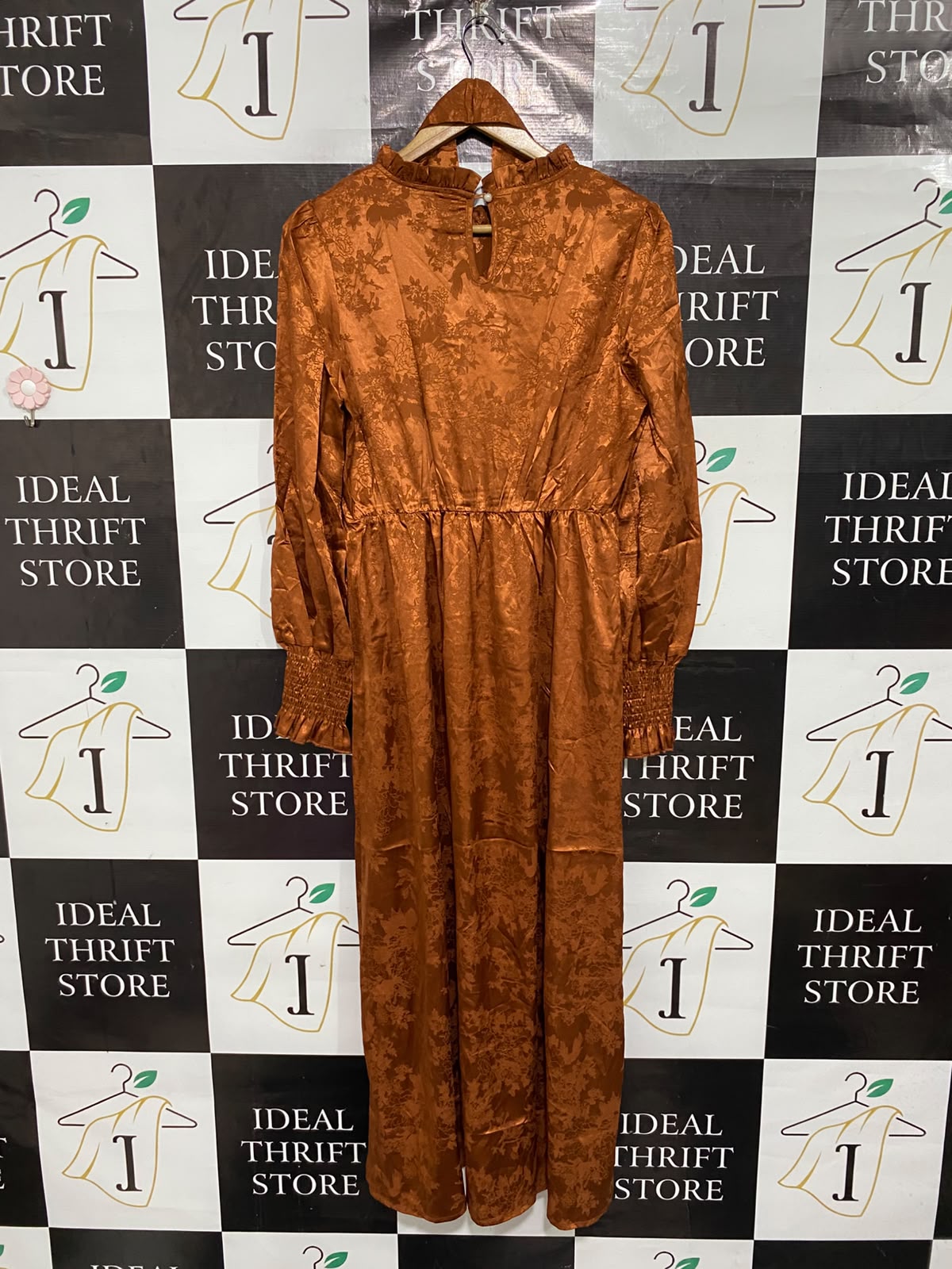 SHEIN |M| BUST 19| A68|  COPPER JACQUARD RUFFLE-COLLAR LONG-SLEEVE MIDI DRESS
