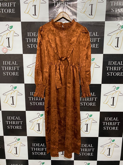 SHEIN |M| BUST 19| A68|  COPPER JACQUARD RUFFLE-COLLAR LONG-SLEEVE MIDI DRESS