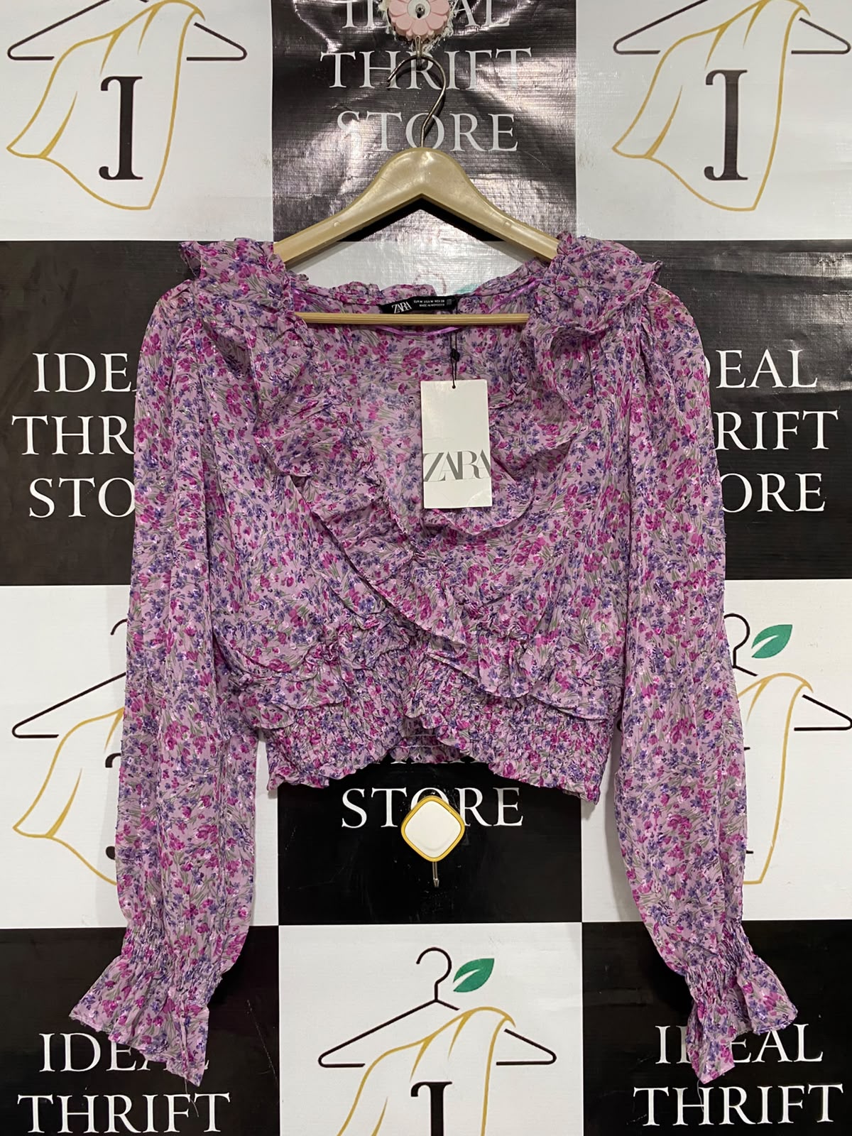 ZARA |M| BUST 18| A68| PURPLE FLORAL RUFFLE CROPPED LONG-SLEEVE BLOUSE