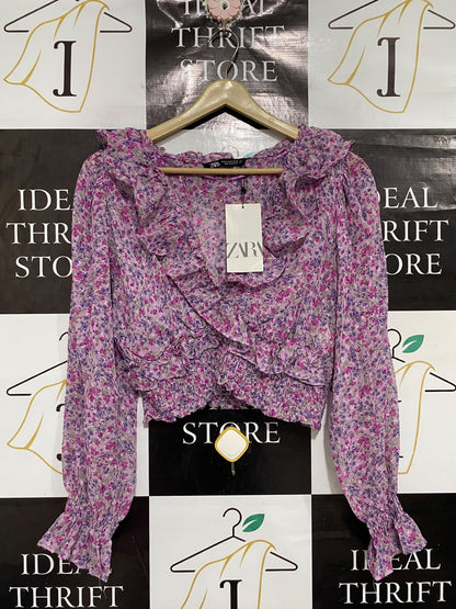 ZARA |M| BUST 18| A68| PURPLE FLORAL RUFFLE CROPPED LONG-SLEEVE BLOUSE