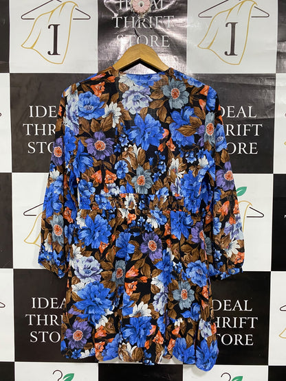 ZARA |M| BUST 19| A68|  BLUE & BROWN FLORAL TIERED MINI DRESS
