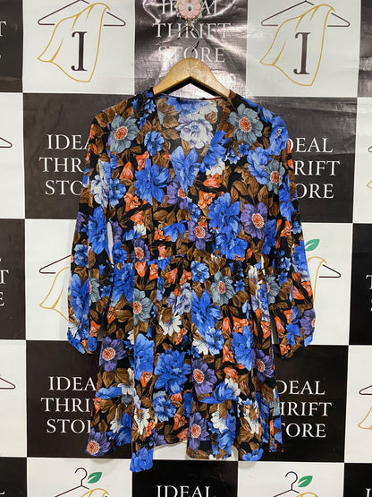 ZARA |M| BUST 19| A68|  BLUE & BROWN FLORAL TIERED MINI DRESS