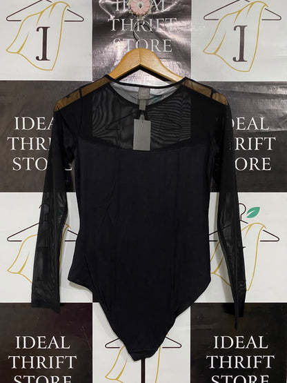 H&M |M| BUST 15| A68| BLACK MESH ACCENT LONG-SLEEVE BODYSUIT