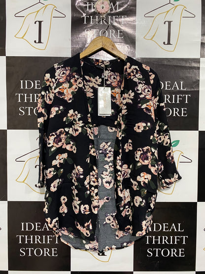 BERSHKA |S| BUST 19| A68|  BLACK & BLUSH FLORAL OPEN-FRONT CARDIGAN KIMONO