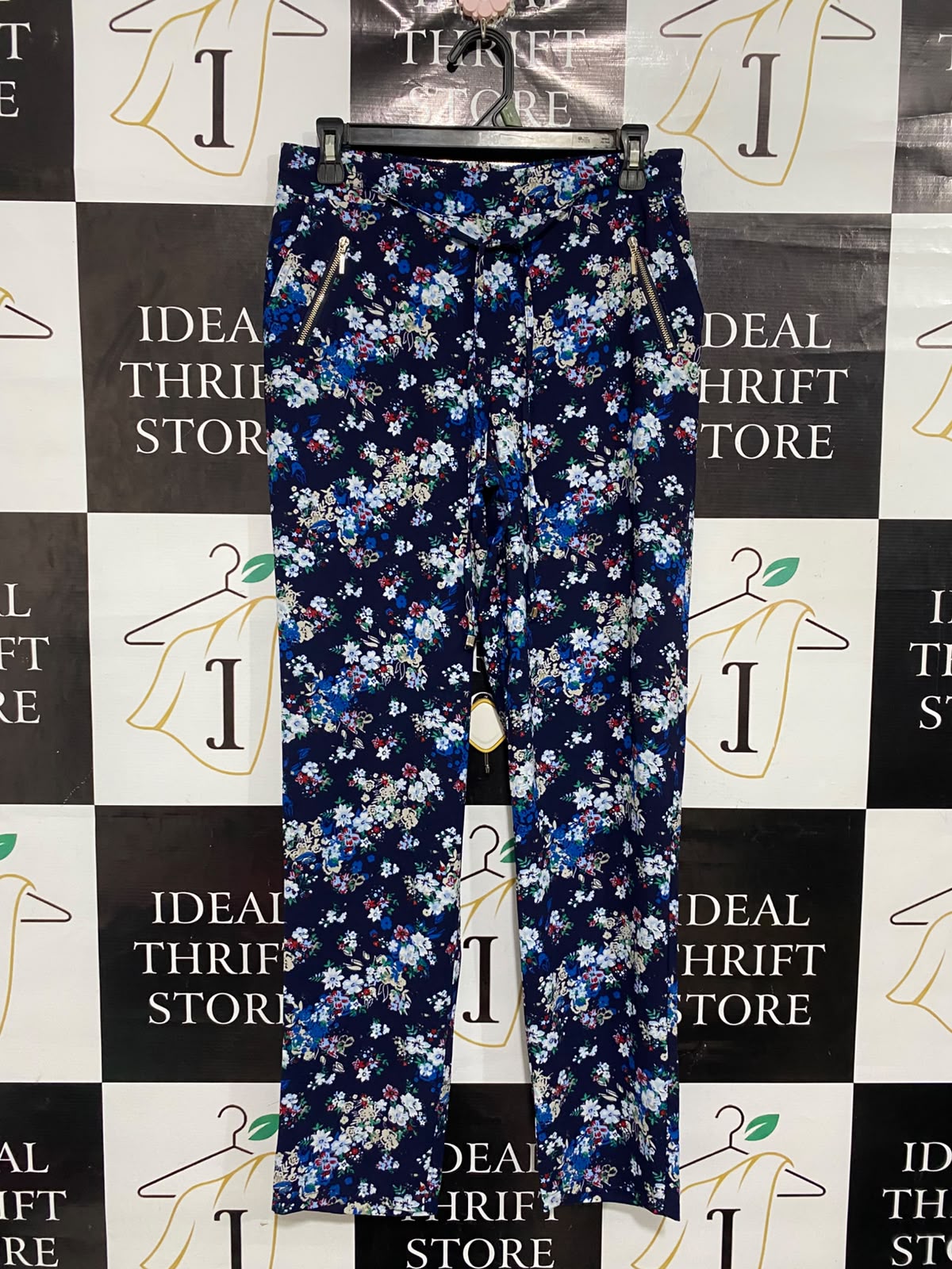 RELAXED FIT |L| WAIST 30| A67| NAVY BLUE FLORAL DRAWSTRING UTILITY TROUSERS