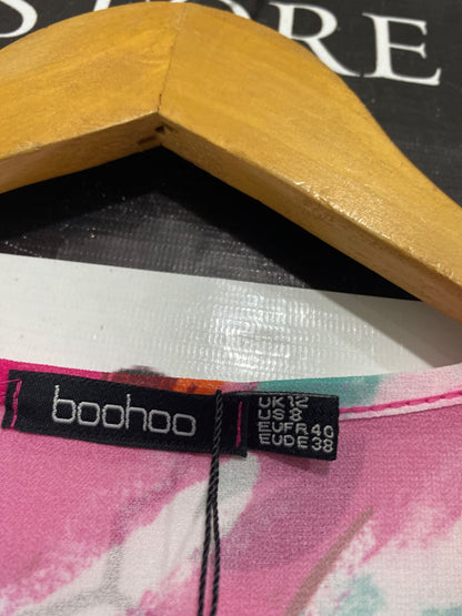 BOOHOO |M| BUST 18| A67|  PINK ABSTRACT PAINT-STROKE TIE-CUFF BODYSUIT