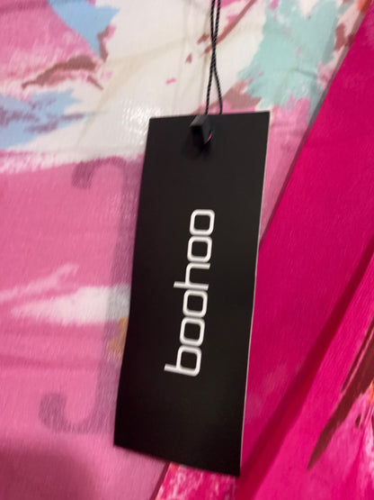 BOOHOO |M| BUST 18| A67|  PINK ABSTRACT PAINT-STROKE TIE-CUFF BODYSUIT