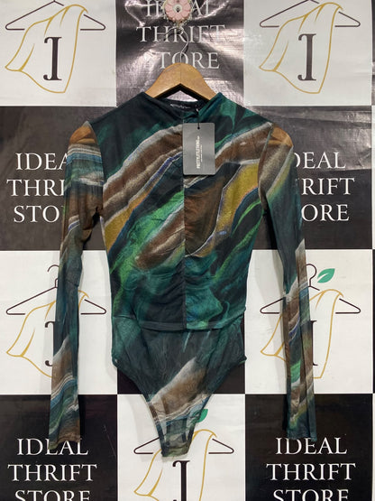 PRETTYLITTLETHING |S| BUST 15| A67|  GREEN ABSTRACT MARBLE MESH BODYSUIT