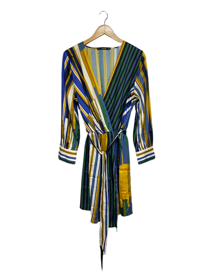 ZARA BASIC |XL| BUST 21| A68|  MULTICOLOR STRIPED WRAP MINI DRESS