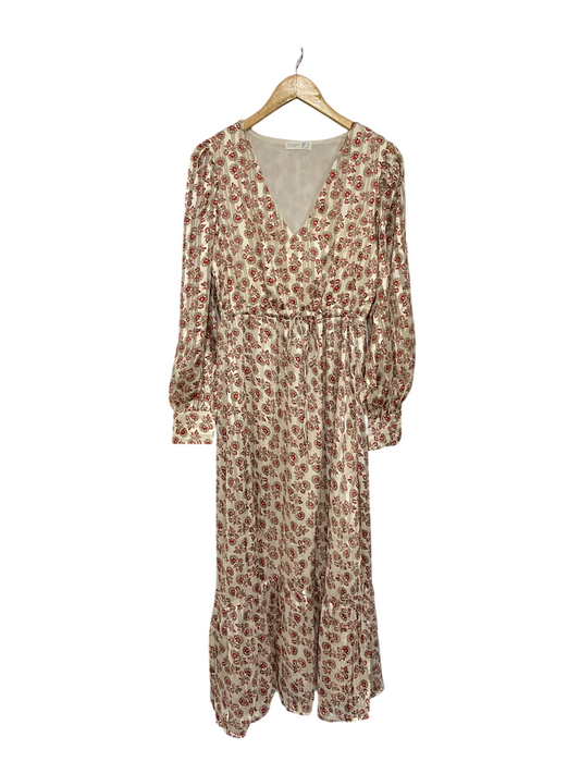 PRIMARK CARES |S| BUST 17| A68| CREAM METALLIC FLORAL PRINT V-NECK MAXI DRESS