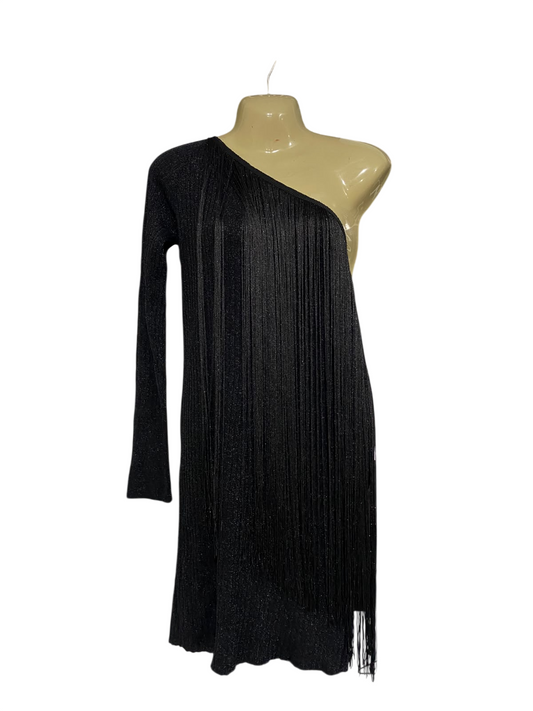 MNG |S| BUST 16| A68| BLACK ONE-SHOULDER METALLIC FRINGE MINI DRESS
