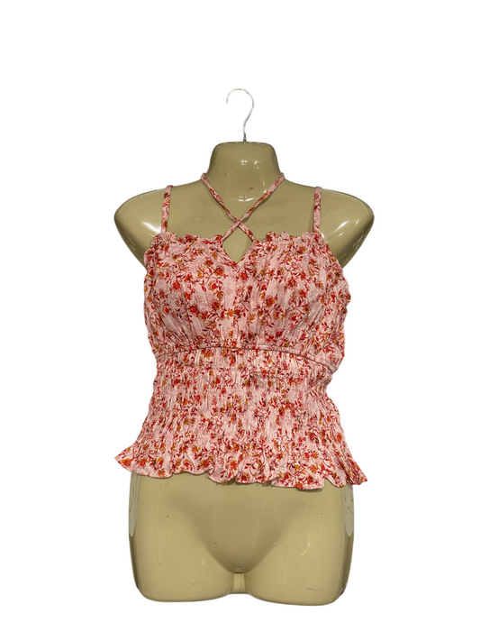 SHYANNE |S| BUST 16| A68| PINK FLORAL SMOCKED HALTER CAMI TOP