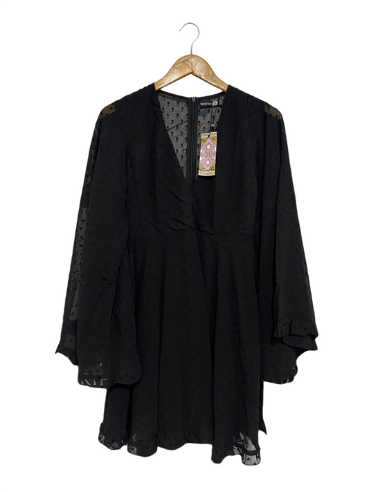 BOOHOO |S| BUST 17| A68|  BLACK DOBBY MESH LONG SLEEVE MINI DRESS