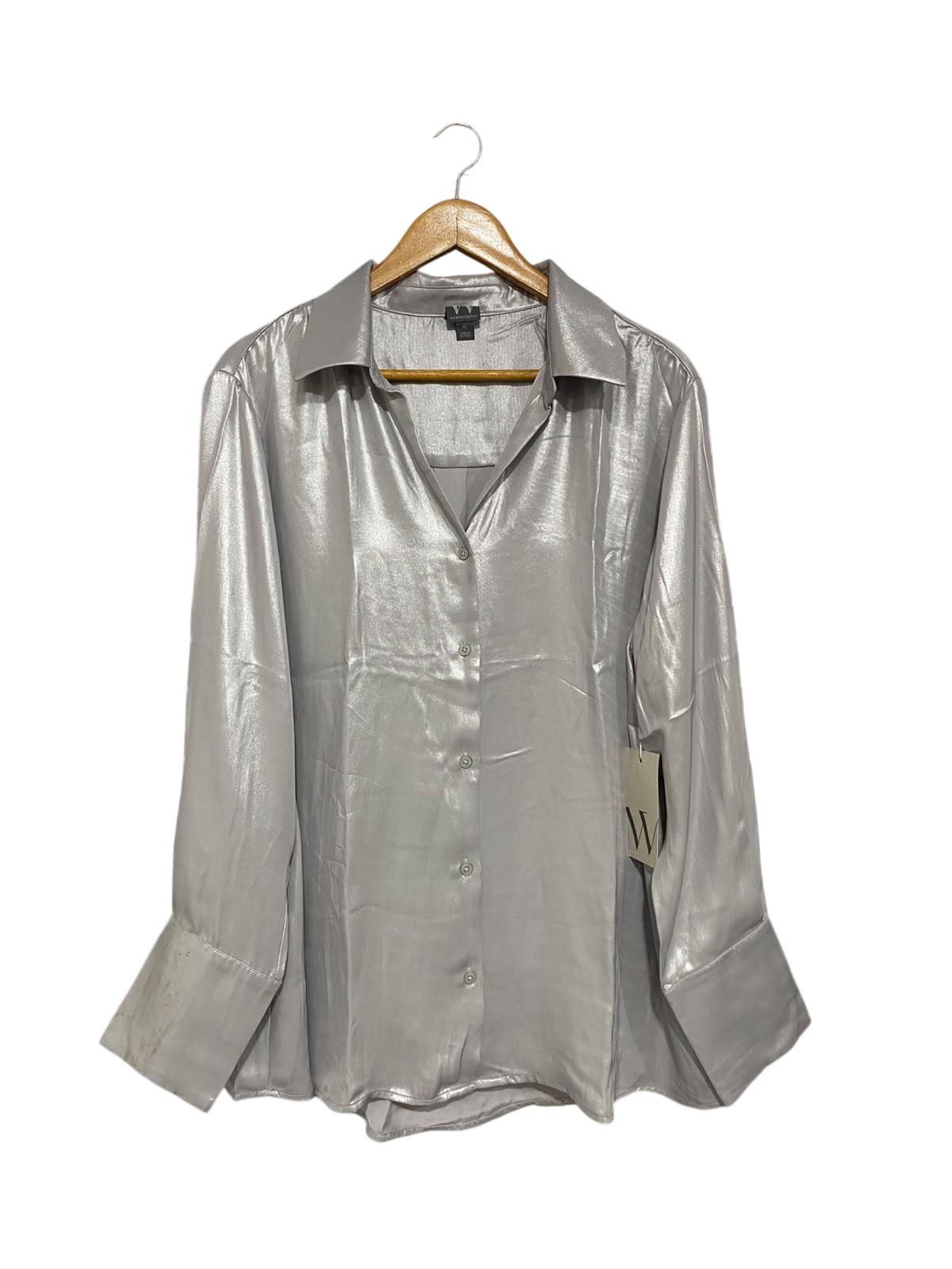 WORTHINGTON |XL| BUST 25| A68| SILVER METALLIC SATIN BUTTON-DOWN SHIRT