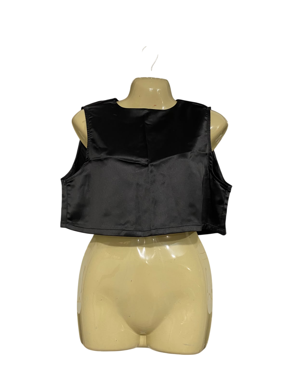CHARCOAL |S| BUST 19| A68| BLACK SATIN SLEEVELESS CROP TOP