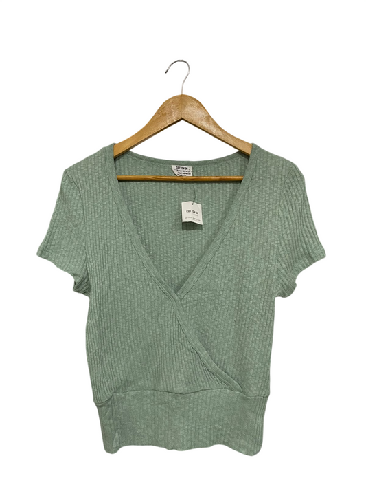 COTTON ON |S| BUST 17| A68|  CURVE SAGE GREEN RIBBED WRAP SHORT SLEEVE TOP