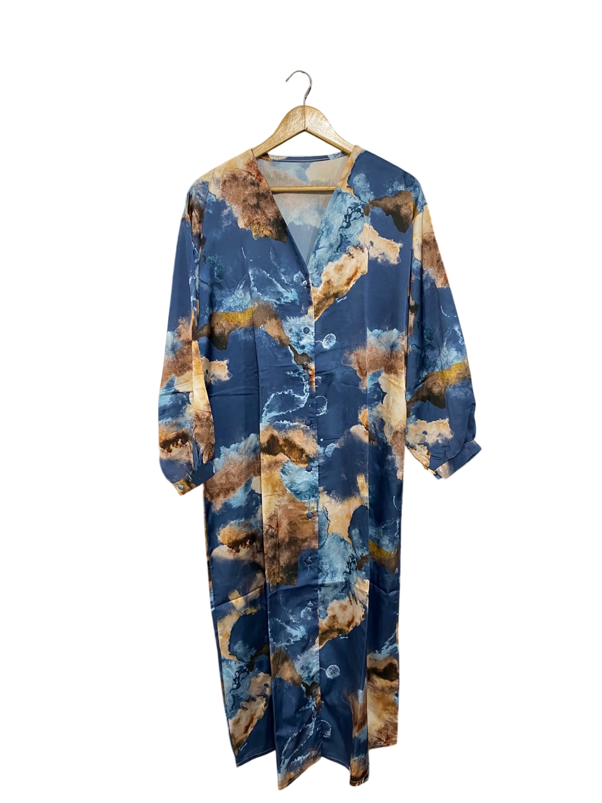 |XL| BUST 23| A68| BLUE ABSTRACT PRINT SATIN BUTTON-FRONT MAXI DRESS