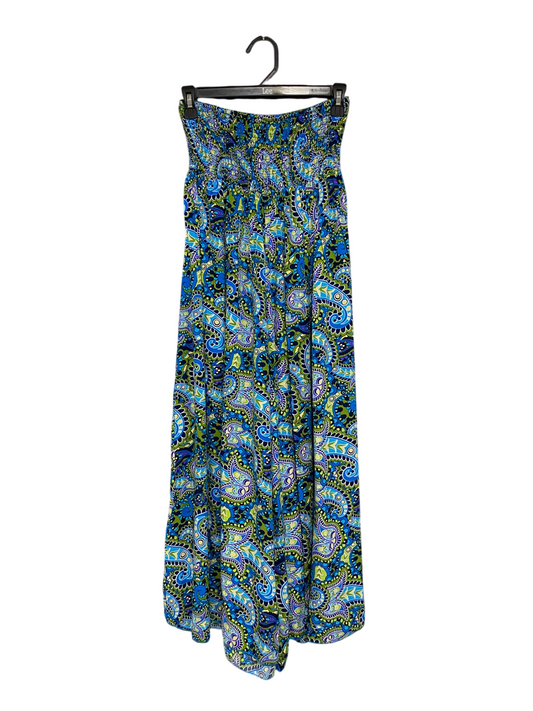 CHICME |M| WAIST 24| A68| BLUE & GREEN PAISLEY PRINT SMOCKED STRAPLESS MAXI DRESS