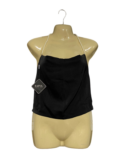 ZAFUL |M| BUST 16| A68| BLACK SATIN PEARL STRAP HALTER CAMI TOP