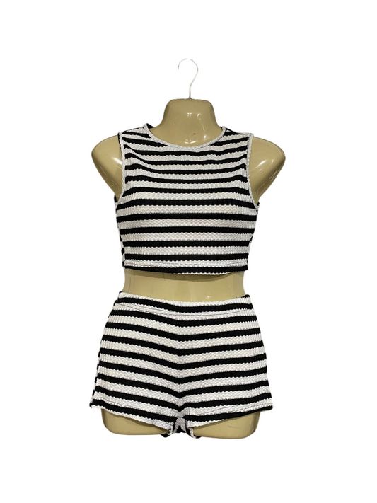 SHEIN |XS| A68| BLACK & WHITE STRIPED RIBBED CROP TANK & SHORTS CO-ORD SET