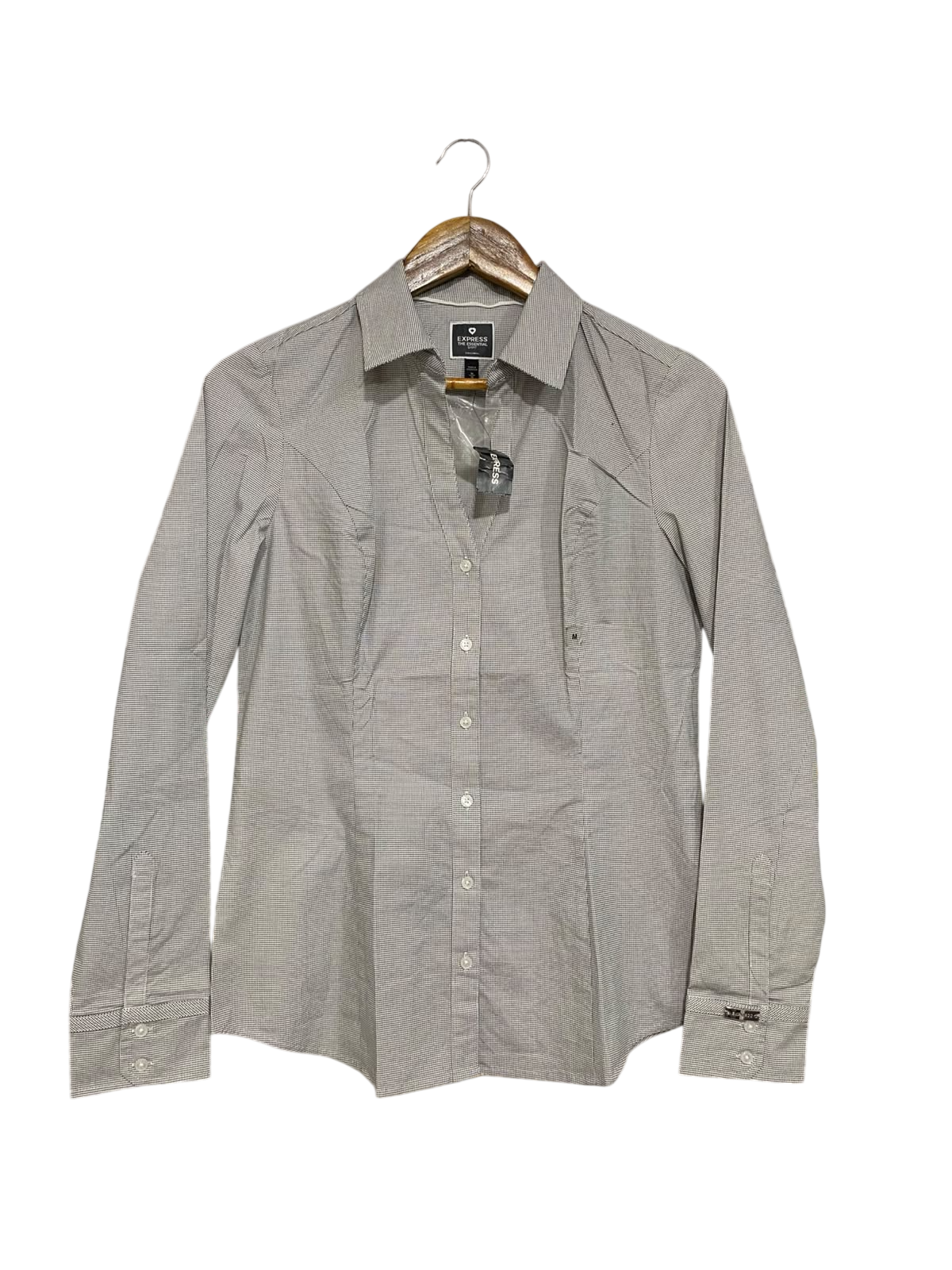 EXPRESS |M| BUST 18| A68| GREY & WHITE CHECKED FITTED LONG SLEEVE BUTTON-DOWN SHIRT