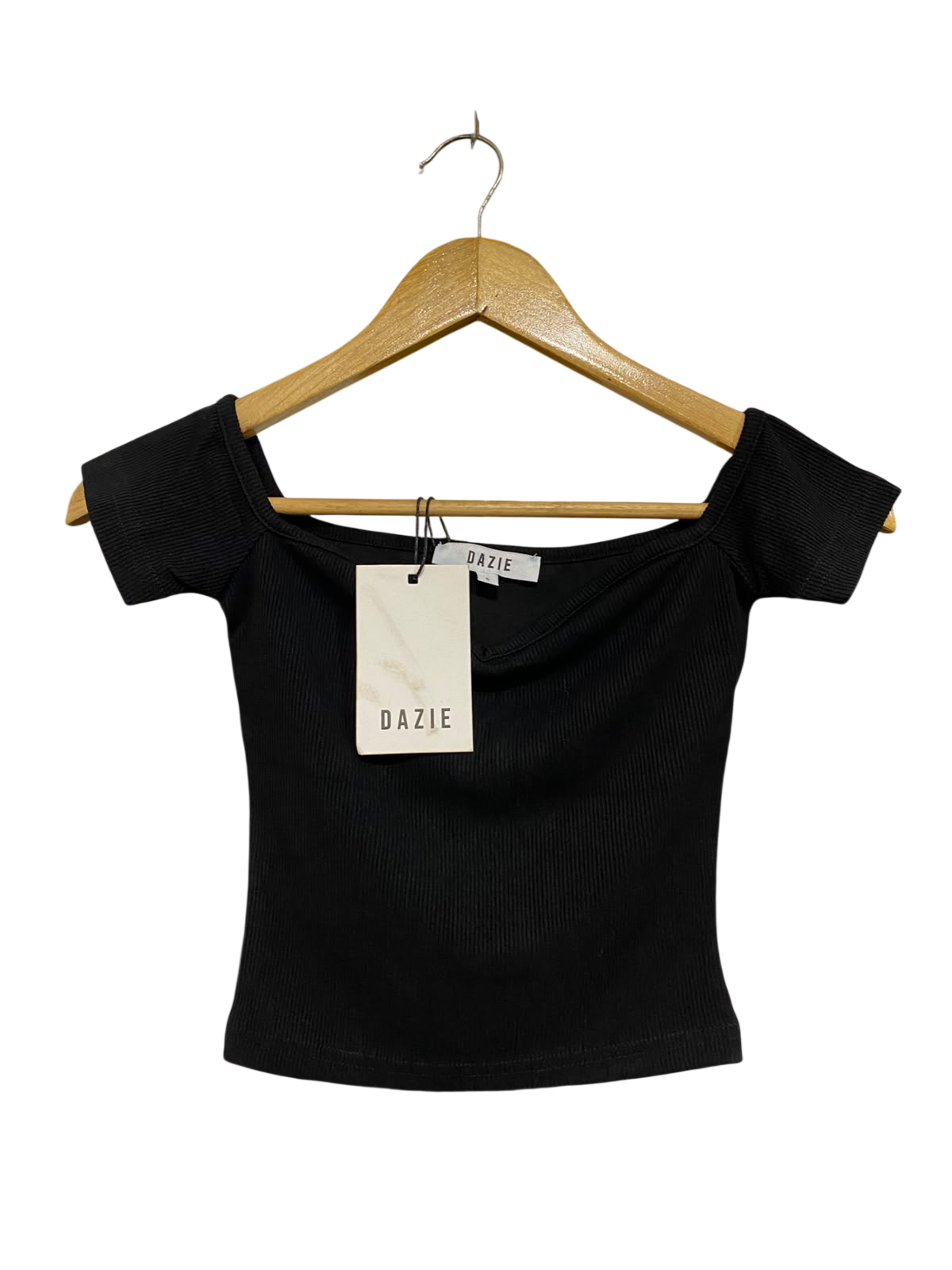 DAZIE |XS| BUST 12| A68| BLACK OFF-SHOULDER RIBBED CROP TOP