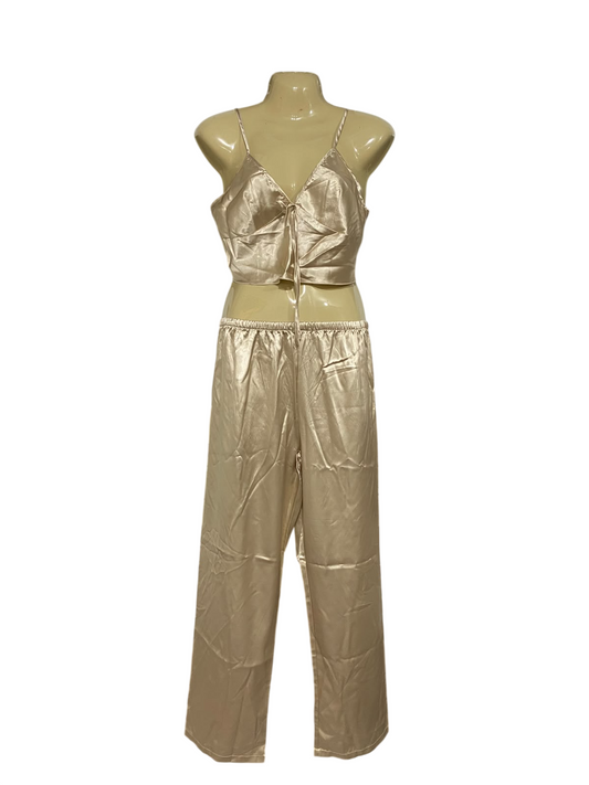 |S|  A68| GOLD SATIN CROP CAMI & WIDE-LEG TROUSERS NIGHTWEAR SET