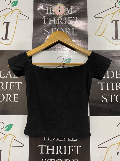 DAZIE |XS| BUST 12| A68| BLACK OFF-SHOULDER RIBBED CROP TOP