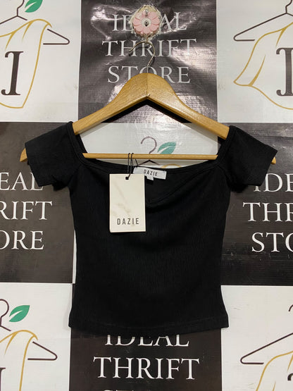 DAZIE |XS| BUST 12| A68| BLACK OFF-SHOULDER RIBBED CROP TOP