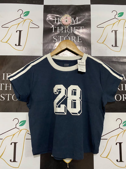 COTTON ON |L| BUST 18| A68|  NAVY BLUE '28' ATHLETIC GRAPHIC RINGER T-SHIRT