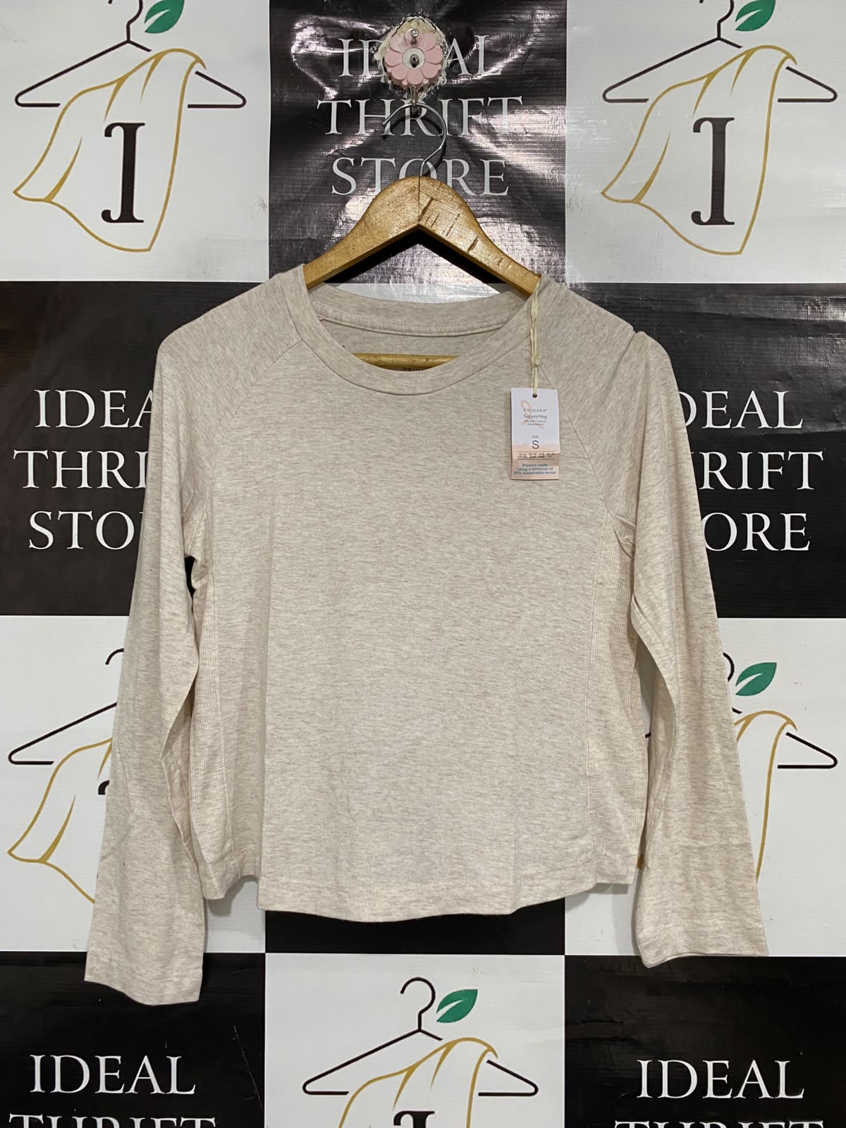 PRIMARK |S| BUST 17| A68| OATMEAL MELLANGE LONG SLEEVE RAGLAN TOP
