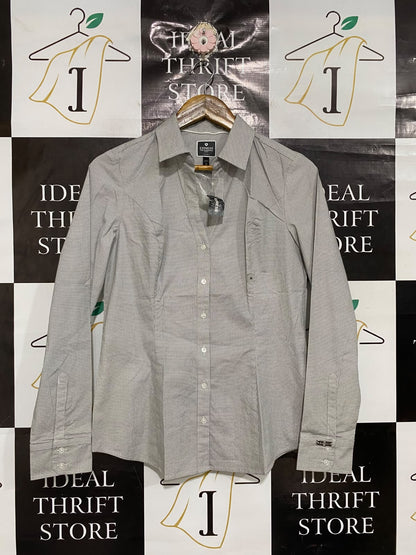 EXPRESS |M| BUST 18| A68| GREY & WHITE CHECKED FITTED LONG SLEEVE BUTTON-DOWN SHIRT